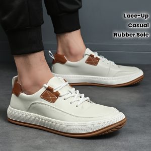 Men'S Genuine Leather Casual Fashion Sneakers, Preppy Sports Style, Solid Color, All-Season, Lace-Up Low Top Shoes with Round Toe, Rubber Sole, Synthetic Insole, for Hiking, Outdoor, Daily & Casual Wear