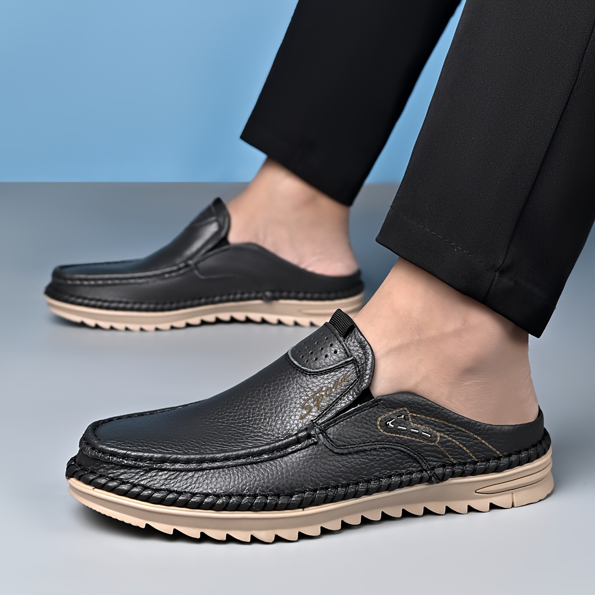 Top-grain Cowhide Upper, 2025 High-end New Men's Semi-enclosed Mule Shoes, Hand-stitched Upper for Enhanced Durability. Available in 3 Colors, Comfortable and Stylish, Breathable and Lightweight Slip-on Men's Sandals. Offered in 10 Sizes for All-day - Image 3